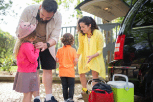A family prepares for a road trip.